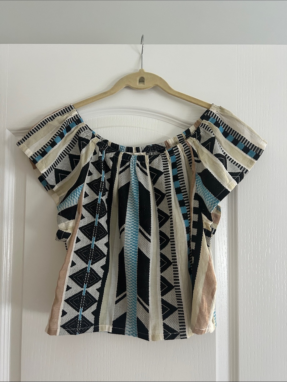 Elan Cream & Black Off-Shoulder Crop Top with Teal & Tan Accents
